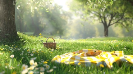 Obraz na płótnie Canvas a picnic basket on yellow and white checkered blanket spread across a lush green meadow, adorned with cheerful daisy flowers, a backdrop of a sunny spring day