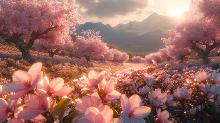 blossoming almond trees in the foreground, mountains in the background