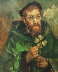 a painting of St Patrick with a hat holding a four leaf clover