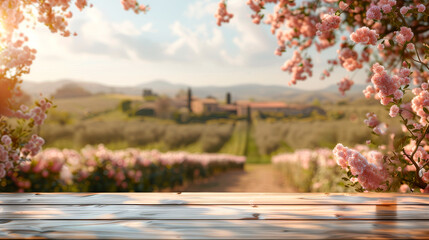 wooden podium in the foreground, Italian blurred landscape with blossoming almond trees in the background