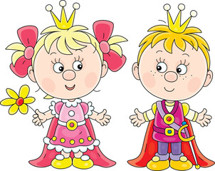 Funny little princess and prince in their ceremonial costumes at a royal court of a fairytale kingdom, vector cartoon illustration isolated on a white background