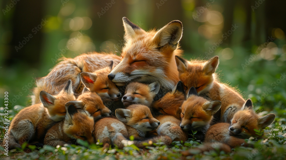 Wall mural a sweet family of foxes