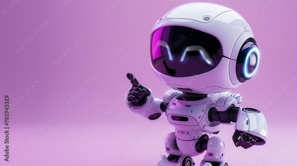 Poster Robot with pointing hand and winking eye isolated over purple background. Technology concept. 3d rendering.