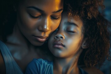 A Mother Comforts Her Young Daughter - obrazy, fototapety, plakaty