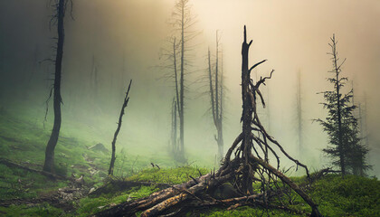 Dead trees with dust and fog. Global warming, apocalypse