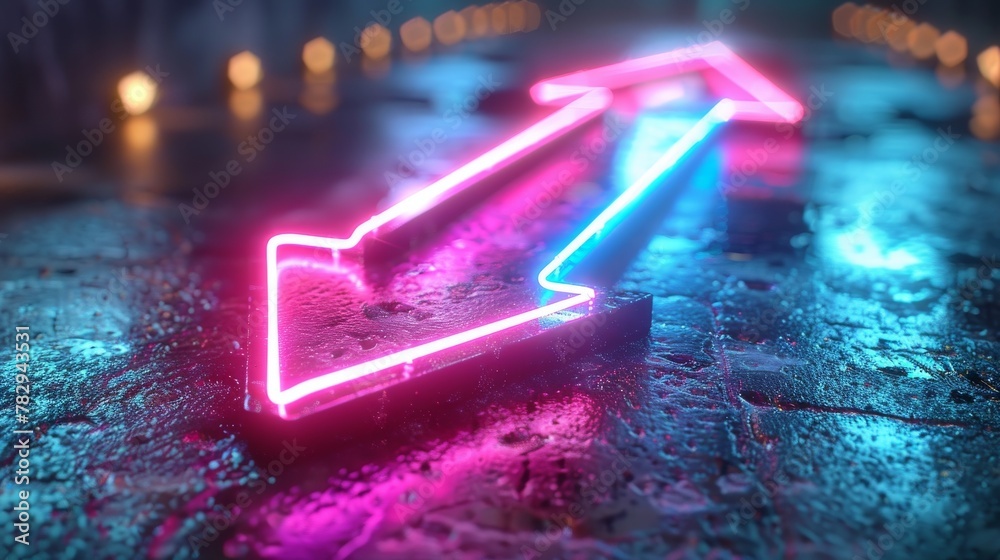 Poster background of directional arrow neon lights on a futuristic hi-tech background.