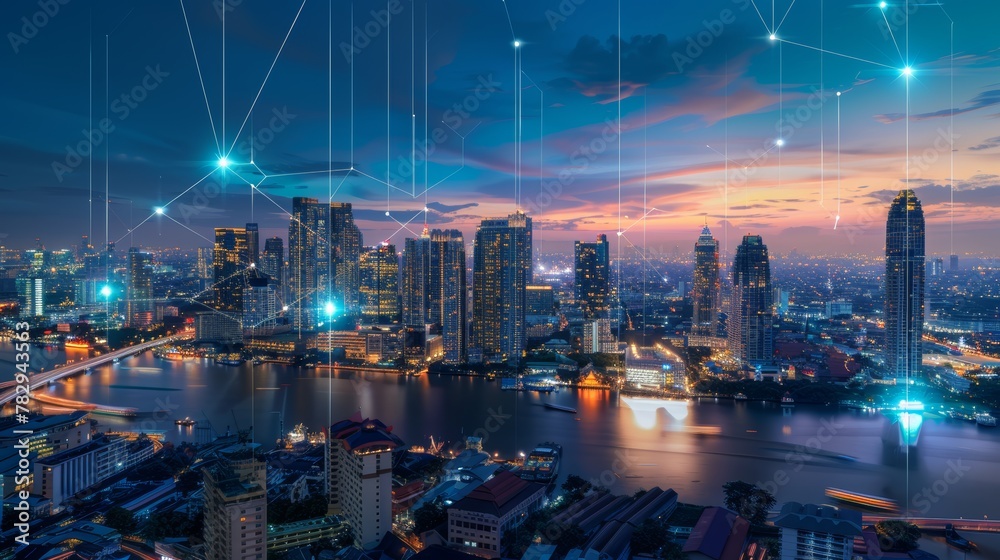 Aufkleber smart city concept with digitalization using wireless networks and connections with an abstract bang