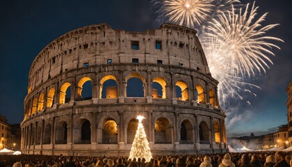 Fototapeta na wymiar fireworks lights up the sky above the coliseum in rome with christmas trees in front
