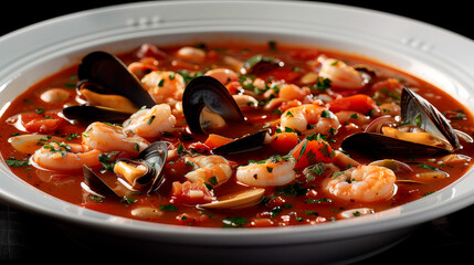 plate with Italian tomato soup with shrimp and mussels close-up