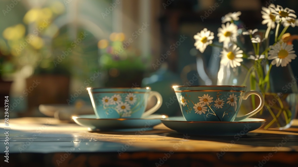 Poster two cups placed on a table, suitable for various concepts and designs