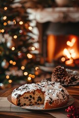 Obraz na płótnie Canvas Festive Christmas cake next to a decorated tree, perfect for holiday celebrations