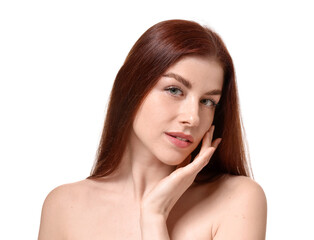 Naklejka premium Portrait of beautiful woman with freckles on white background