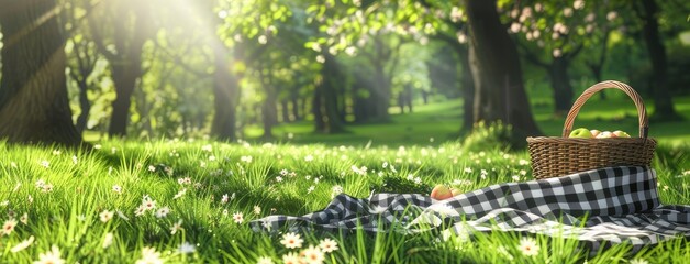 a picnic basket on black and white checkered blanket spread across a lush green meadow, adorned...