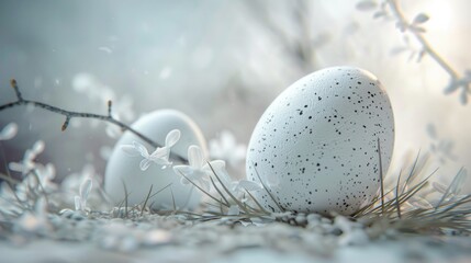 A white egg resting on snow, suitable for winter themes