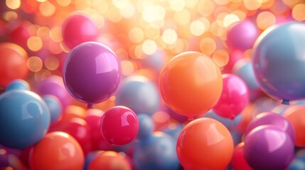 Set of colorful realistic glossy helium balloons floating on a blurred colorful background. balloons for birthday, party, wedding or advertising banners or posters.