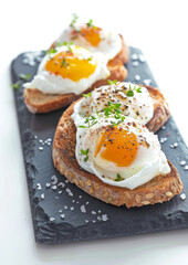 Product photo of Gourmet toast, topped with poached eggs, on slate plate, isolated on white background.