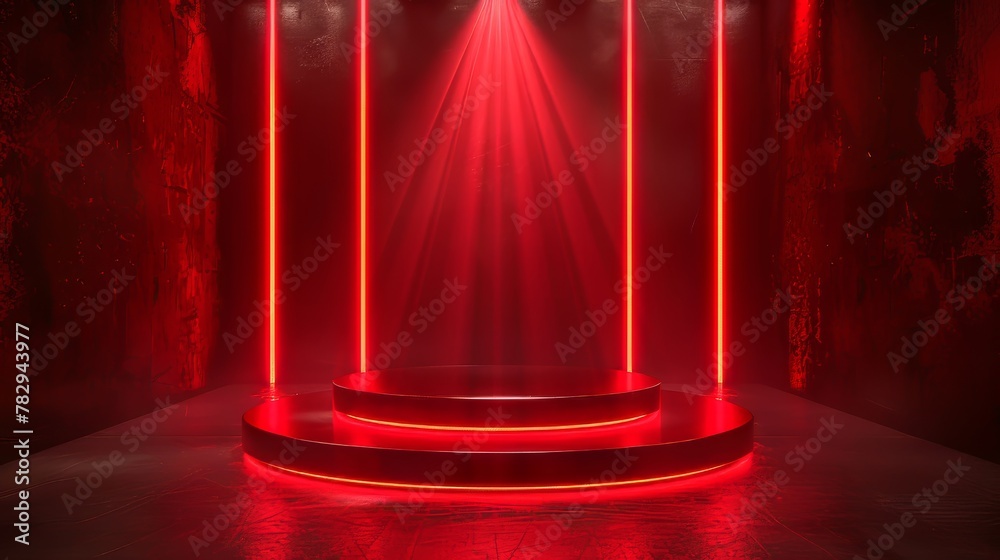 Poster Three-dimensional modern showcase with copy space and red diagonal neon lights