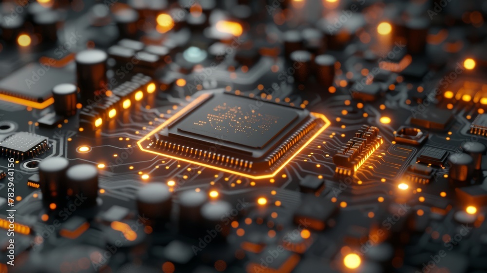 Aufkleber A 3D illustration of a CPU concept on a motherboard with a digital chip. Technology background. An integrated communication processor.