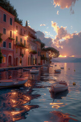 Italian town by the sea at sunset