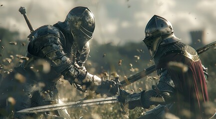two knights, each holding swords, fight in front of the city - obrazy, fototapety, plakaty