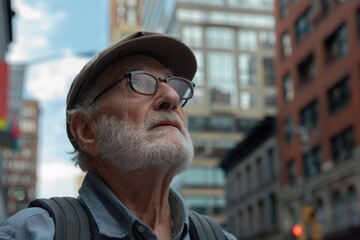 A man wearing glasses and a hat looking upwards. Ideal for business and vision concept designs