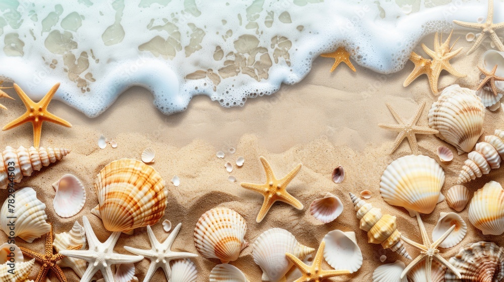 Canvas Prints A sandy beach with scattered shells and starfish. Ideal for travel and vacation concepts