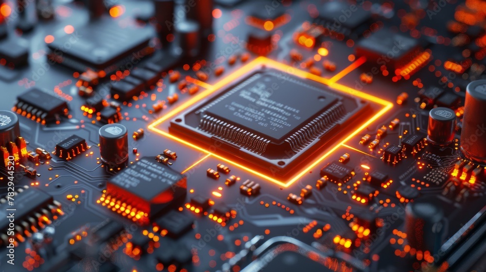 Fototapete A central computer processor concept on a motherboard. Digital chip. Background in technology. Communication processor integrated on the motherboard. 3D illustration.