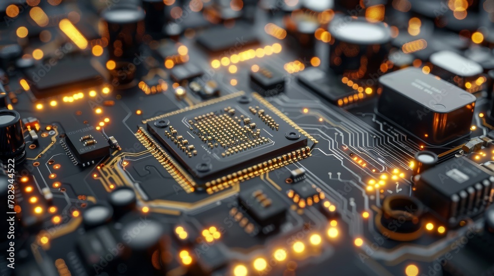 Poster Computer processors concept. Digital chip on motherboard. 3D rendering.