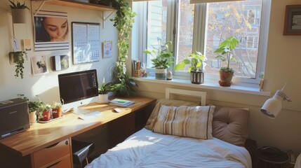 The corner desk in a bedroom, white porcelain stirring on it, small and clean, with some plants, a calendar and pictures hanging above it, in the minimalistic style - obrazy, fototapety, plakaty