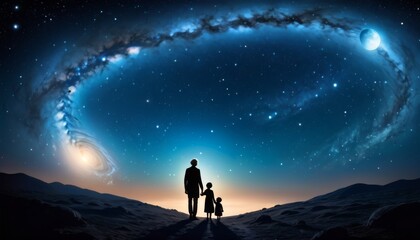 A parent and child, hand in hand, stand against a cosmic swirl of stars, highlighting the infinite bond shared between them.. AI Generation - obrazy, fototapety, plakaty