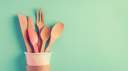 the zero waste concept, eco-friendly objects such as wooden cutlery, a paper cup, and leaves neatly arranged in a tote bag, set against a soothing pastel background. - obrazy, fototapety, plakaty