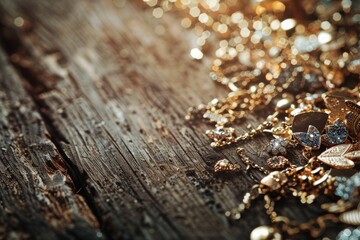 A collection of gold and silver jewelry displayed on a wooden surface. Perfect for fashion and luxury themed projects