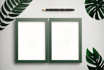 Blank White Frame with Green Leaves - obrazy, fototapety, plakaty