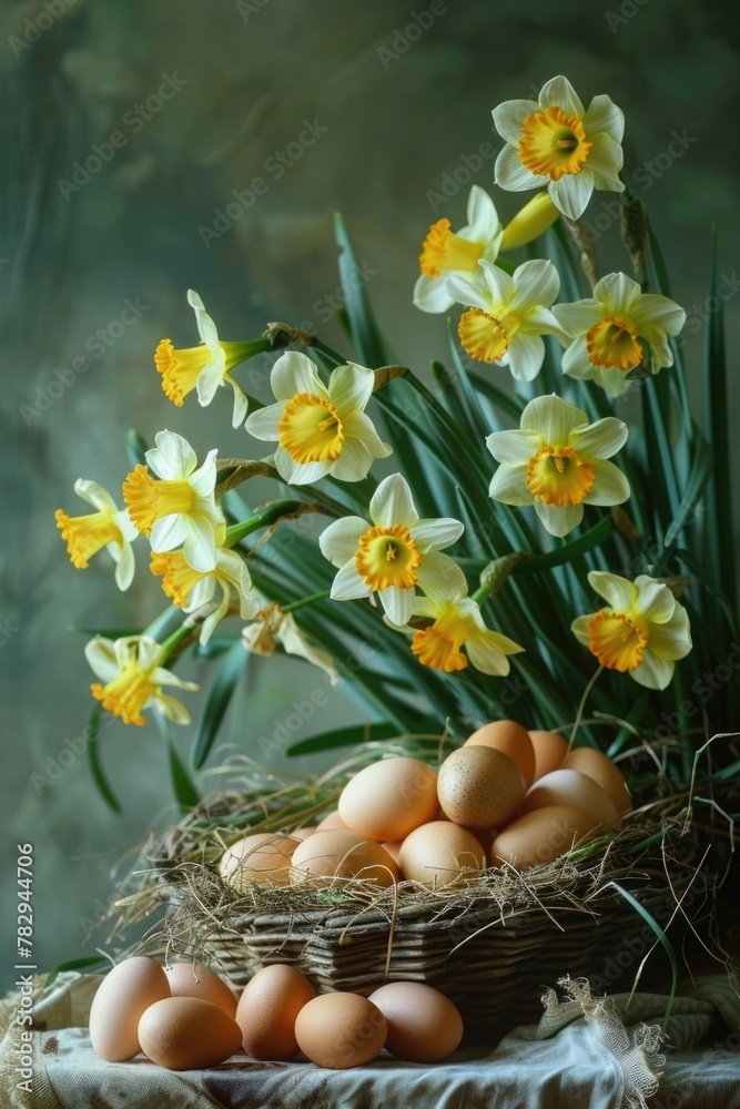 Poster Fresh eggs in a nest surrounded by daffodils, perfect for springtime designs