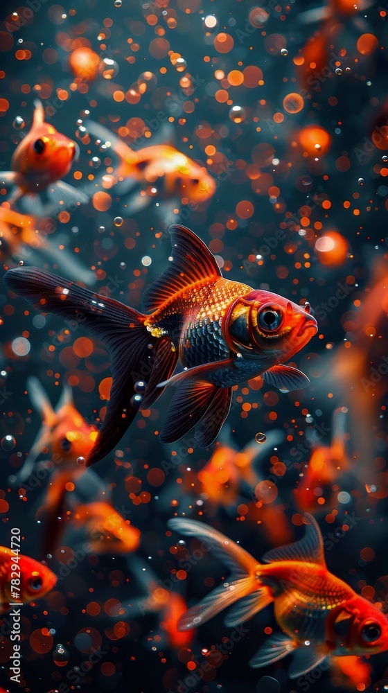 Wall mural AI generated illustration of a goldfish making eye contact with camera among small fish