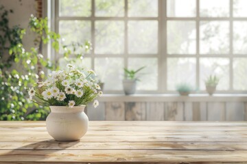White flowers in white vase on wooden table. Perfect for home decor