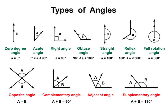 Types of Angles on the white background. Education. Science. School. Vector illustration.