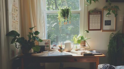 The corner desk in a bedroom, white porcelain stirring on it, small and clean, with some plants, a calendar and pictures hanging above it, in the minimalistic style