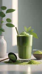 AI generated illustration of a glass of macha beverage beside a plant in a pot