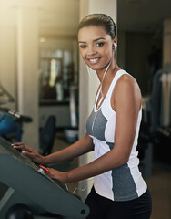 Black woman, gym and happy in treadmill for workout for exercise and fitness routine for health....