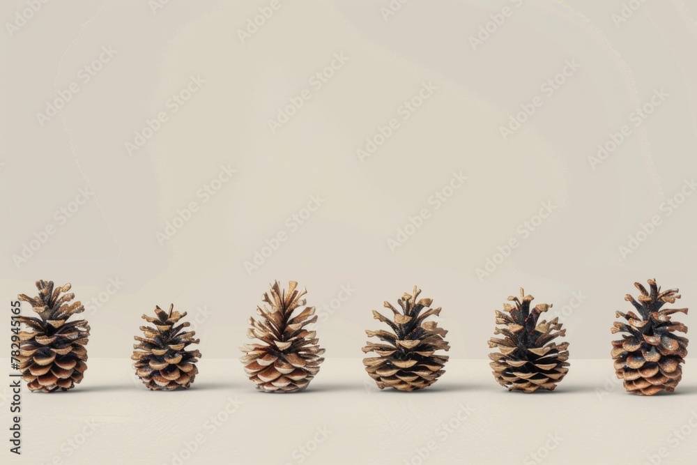Poster pine cones arranged neatly on a table, suitable for various seasonal and nature-themed projects