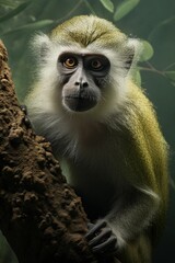 AI-generated illustration of A monkey perched on a branch gazes inquisitively