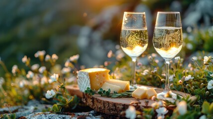 two glasses of white wine and a selection of cheese arranged on a rustic wooden board, set against the backdrop of a lush green, offering ample space for text, a romantic picnic in nature.