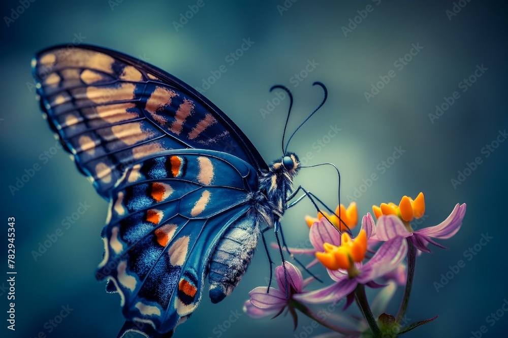 Wall mural a blue butterfly sitting on a purple flower next to green foliage