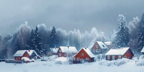 Group of red houses in a snowy forest, perfect for winter themes