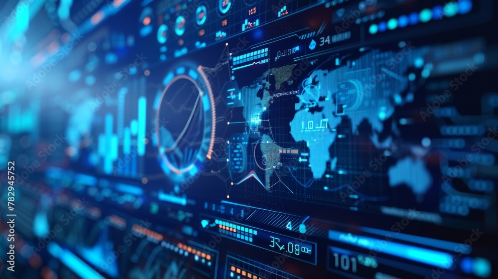 Poster Digital dashboard panel with head-up display, blue holograms of circular diagrams, statistical graphs.