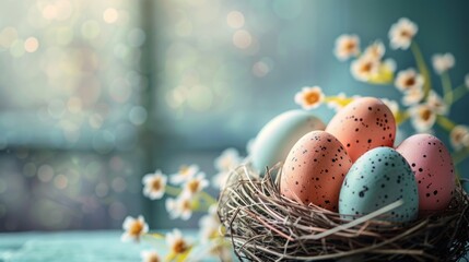 A nest filled with eggs and flowers on a table. Suitable for spring and Easter themes