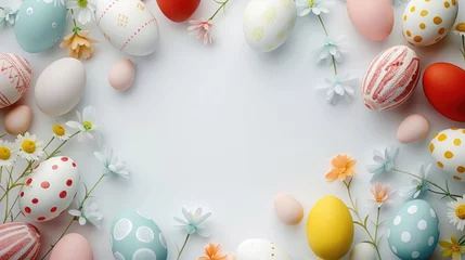 Gordijnen Fresh eggs and daisies on a clean white background, perfect for spring-themed designs © Fotograf