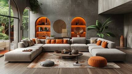 Obraz premium Living room interior, minimalist style, straight sofa in the center of the room, in pastel gray tones, with bright accents in the interior, maximum realism, high quality, 8k, isolated edges