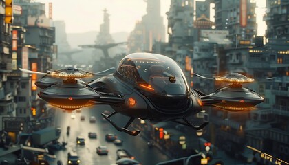futuristic urban transportation system that integrates autonomous flying vehicles - obrazy, fototapety, plakaty